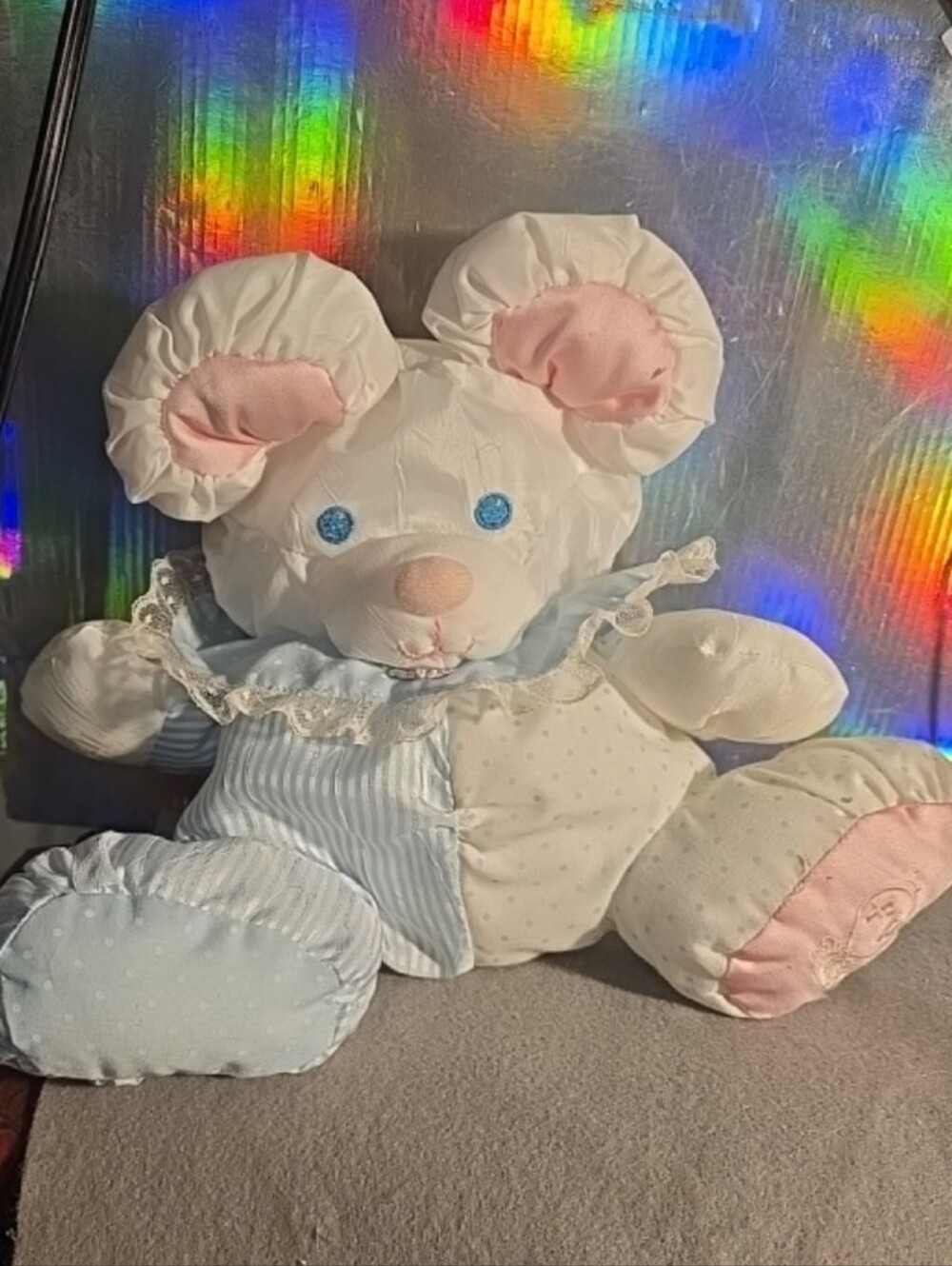 061826 Vintage Fisher Price Puffalumps Baby Mouse #1357 Blue Stuffed Toy Rattle